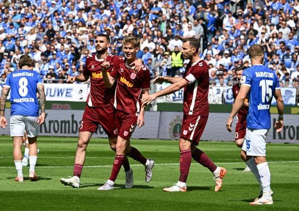 18 05 2025, xsltx, Soccer 2 Bundesliga, SV Darmstadt 98 Jahn Regensburg 3 v l Leopold Wurm SSV Jahn Regensburg celebrates his goal for 1 0 DFL DFB REGULATIONS PROHIBIT ANY USE OF PHOTOGRAPHS as IMAGE SEQUENCES and or QUASI VIDEO