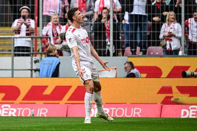 Goal celebration for 1 0 by Eric Martel Koeln 6 , 1 FC Koeln vs 1 FC Kaiserslautern, 2 Bundesliga, 34 Spieltag, 18 05 2025 DFB regulations prohibit any use of photographs as image sequences and or quasi video Koeln Nordrhein Westfalen Germany Copyright: xkolbert-press MarcxNiemeyerx