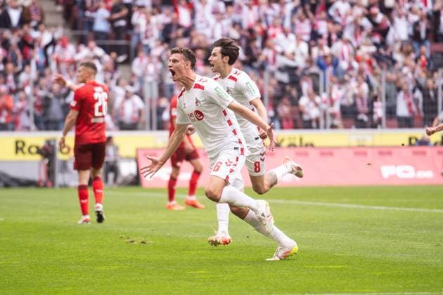 GER, 2 FBL, 1 FC Köln Koel vs 1 FC Kaiserslautern 18 05 2025, RheinEnergieStadion, Köln, GER, 2 FBL, 1 FC Köln Koel vs 1 FC Kaiserslautern in the picture Goal celebrations cheering the goal for 1 0 by Eric Martel 1 FC Köln Koeln, 6 Gestures, facial expressions, emotions Denis HuseinbaÅ¡iÄ‡ Huseinbasic 1 FC Köln Koeln, 8 nordphotoxGmbHxx xChristianxSchulze nph000300