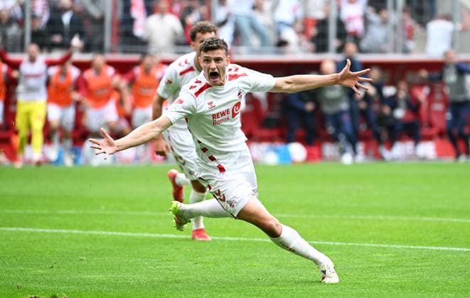 Soccer, Bundesliga, Germany, Men, Season 2024 2025, Matchday 34, Rhein Energie Stadion Köln, 1 FC Köln FC Kaiserslautern Cheers Eric Martel KOE after his goal for 1 0 Cheers, joy, action