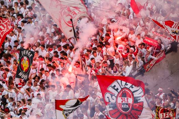 Soccer 2 Bundesliga, 1 FC Köln 1 FC Kaiserslautern, Matchday 34, RheinEnergieStadion Cologne fans set off pyrotechnics after the 1-0 goal
