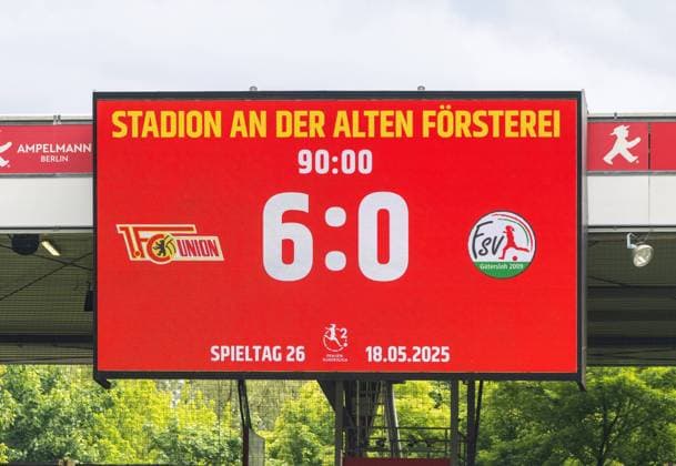 Soccer, Women, Season 2024 2025, 2 Women Bundesliga 26 Matchday , 1 FC Union Berlin FSV Gütersloh, Scoreboard with 6 0 Final Score, 18 05 2025, Copyright: xMatthiasxKochx