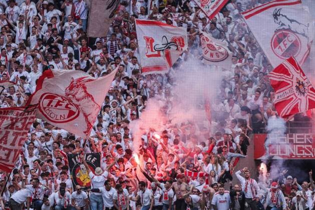 Soccer 2 Bundesliga 34 Matchday 1 FC Köln 1 FC Kaiserslautern on 18 05 2025 at RheinEnergieStadion in Cologne Fanblock Fans of Köln Fans ignite Bengalos Pyrotechnics Pyro flares Smoke bombs in the fanblock DFL regulations prohibit any use of photographs as image sequences and or quasi video xJRx