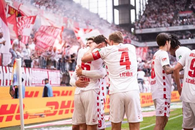 GER, 2 FBL, 1 FC Köln Koel vs 1 FC Kaiserslautern 18 05 2025, RheinEnergieStadion, Köln, GER, 2 FBL, 1 FC Köln Koel vs 1 FC Kaiserslautern in the picture Goal celebrations cheering the goal to 1 0 by Eric Martel 1 FC Köln Koeln, 6 Gestures, facial expressions, emotions, Timo Hübers Huebers 1 FC Köln Koeln, 4 Eric Martel 1 FC Köln Koeln, 6 nordphotoxGmbHxx xChristianxSchulze nph000300