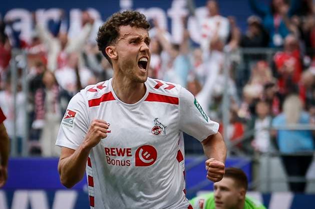 2 Soccer Bundesliga, 1 FC Köln 1 FC Kaiserslautern, 18 05 2025 Goal celebration Luca Waldschmidt 1 FC Köln, 9 scores for 2 0 34 Matchday of 2 Soccer Bundesliga, 2 Soccer Bundesliga, 1 FC Köln 1 FC Kaiserslautern on 18 05 2025 at RheinEnergie Stadion in Cologne THE DFL REGULATIONS PROHIBIT ANY USE OF PHOTOS AS IMAGE SEQUENCES AND OR QUASI VIDEO Copyright: xBEAUTIFULxSPORTS AxelxKohringx