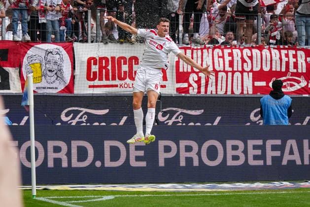 18 05 2025 Germany 2 Soccer Bundesliga 2024 2025, Matchday 34 1 FC Köln vs 1 FC Kaiserslautern Rhein Energie Stadion Köln Goal and goal celebration to 1 0 by Eric Martel 1 FC Köln, 6 Joy, emotions, jubilation, jump Copyright: xJOERANxSTEINSIEKx