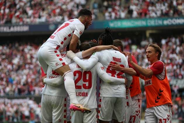 Luca Waldschmidt 1 FC Koeln celebrates after scoring his team s second goal with teammates during the 2 Bundesliga match between 1 FC Köln and 1 FC Kaiserslautern at RheinEnergieStadion on May 18, 2025 in Cologne, Germany, Germany Photo by Oliver Kaelke DeFodi Images Luca Waldschmidt 1 FC Koeln celebrates after scoring his team s second goal with teammates during the 2 Bundesliga match between 1 FC Köln and 1 FC Kaiserslautern at RheinEnergieStadion on May 18, 2025 in Cologne, Germany Photo by Oliver Kaelke DeFodi Images DFB DFL REGULATIONS PROHIBIT ANY USE OF PHOTOGRAPHS AS IMAGE SEQUENCES AND OR QUASI VIDEO Photo by Oliver Kaelke DeFodi Images