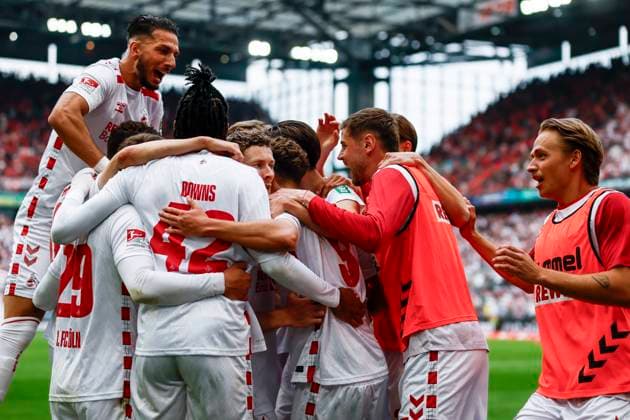 2 Soccer Bundesliga, 1 FC Köln 1 FC Kaiserslautern, 18 05 2025 Goal celebration Luca Waldschmidt 1 FC Köln, 9 scores for 2 0 34 Matchday of 2 Soccer Bundesliga, 2 Soccer Bundesliga, 1 FC Köln 1 FC Kaiserslautern on 18 05 2025 at RheinEnergie Stadion in Cologne THE DFL REGULATIONS PROHIBIT ANY USE OF PHOTOS AS IMAGE SEQUENCES AND OR QUASI VIDEO Copyright: xBEAUTIFULxSPORTS AxelxKohringx