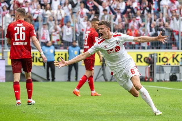 18 05 2025, Soccer 2 Bundesliga, Season 2024 2025, Matchday 34, 1 FC Koeln 1 FC Kaiserslautern at RheinEnergieStadion in Koeln Eric Martel 1 FC Koeln, 06 celebrates his goal for 1 0 Important note According to the regulations of the DFL German Football League and the DFB German Football Association, it is prohibited, to utilize or have utilized photographs taken in the stadium and or of the match in the form of sequential images and or video-like photo series Foto Kirchner Media Thomas Haesler Copyright: xKirchner-Media ThomasxHaeslerx
