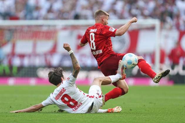 Denis Huseinbasic 1 FC Koeln and Jean Zimmer 1 FC Kaiserslautern battle for the ball during the 2 Bundesliga match between 1 FC Köln and 1 FC Kaiserslautern at RheinEnergieStadion on May 18, 2025 in Cologne, Germany, Germany Photo by Oliver Kaelke DeFodi Images Denis Huseinbasic 1 FC Koeln and Jean Zimmer 1 FC Kaiserslautern battle for the ball during the 2 Bundesliga match between 1 FC Köln and 1 FC Kaiserslautern at RheinEnergieStadion on May 18, 2025 in Cologne, Germany Photo by Oliver Kaelke DeFodi Images DFB DFL REGULATIONS PROHIBIT ANY USE OF PHOTOGRAPHS AS IMAGE SEQUENCES AND OR QUASI VIDEO Photo by Oliver Kaelke DeFodi Images