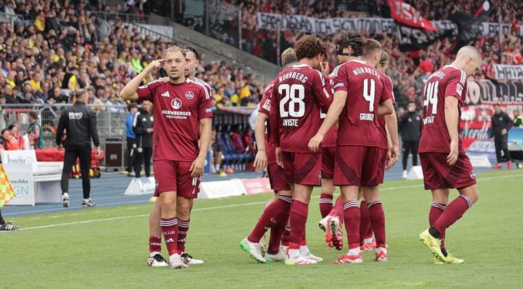 Goal celebration Julian Justvan 1 FC Nuernberg Football, Men, Season 2024 2025 2 BL, Eintracht Stadion, Eintracht Braunschweig vs 1 FC Nuernberg DFL REGULATIONS PROHIBIT ANY USE OF PHOTOGRAPHS AS IMAGE SEQUENCES AND OR QUASI VIDEO