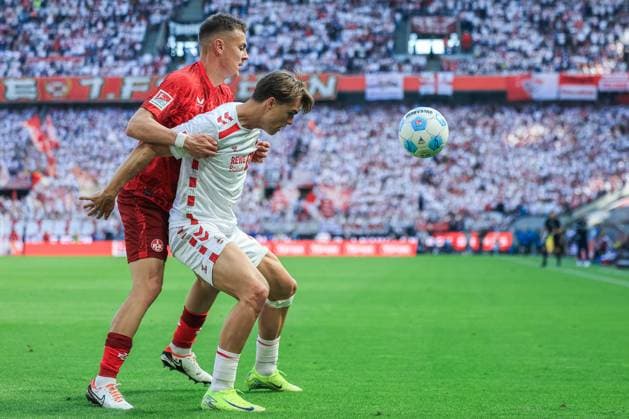 Soccer 2 Bundesliga 34 Matchday 1 FC Köln 1 FC Kaiserslautern on 18 05 2025 at RheinEnergieStadion in Cologne Filip Kaloc Kaiserslautern , left Joel Schmied Köln , right DFL regulations prohibit any use of photographs as image sequences and or quasi video xJRx