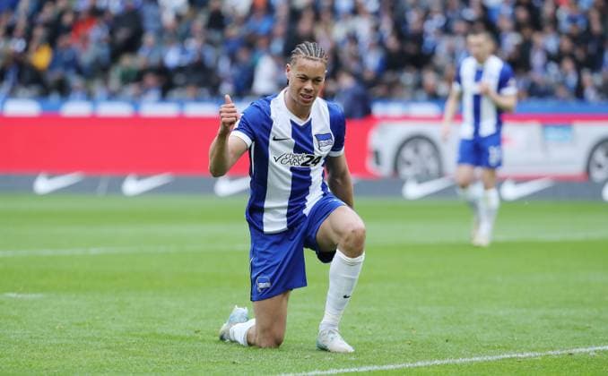 Derry Scherhant single image cropping action sport soccer soccer DFL 2 Bundesliga men 34 matchday season 2024 2025 18 05 2025 Hertha BSC Berlin vs Hannover 96 DFL regulations prohibit any use of photographs as image sequences and or quasi video