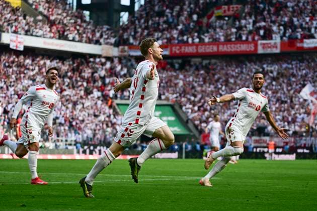 Goal celebration for 3 0 by Florian Kainz Koeln 11 , 1 FC Koeln vs 1 FC Kaiserslautern, 2 Bundesliga, 34 Spieltag, 18 05 2025 DFB regulations prohibit any use of photographs as image sequences and or quasi video Koeln Nordrhein Westfalen Germany Copyright: xkolbert-press MarcxNiemeyerx