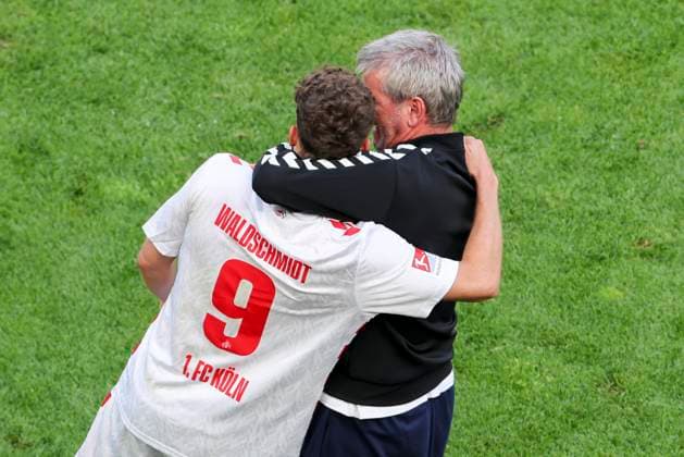 Soccer 2 Bundesliga, 1 FC Köln 1 FC Kaiserslautern, Matchday 34, RheinEnergieStadion Cologne coach Friedhelm Funkel hugs Colognes Luca Waldschmidt