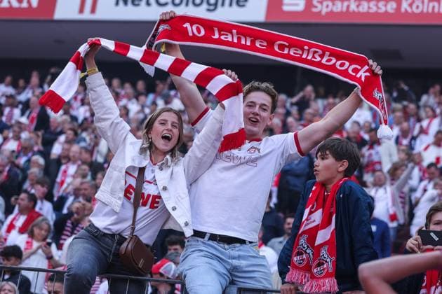 Soccer 2 Bundesliga 34 Matchday 1 FC Köln 1 FC Kaiserslautern on 18 05 2025 at RheinEnergieStadion in Köln Fans of Köln celebrate DFL regulations prohibit any use of photographs as image sequences and or quasi video xJRx