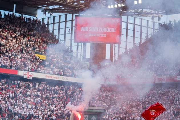 We are back on the scoreboard 18 05 2025, 1 FC Köln 1 FC Kaiserslautern Fussball, 2 Bundesliga, RheinEnergieStadion Köln DFL regulations prohibit any use of photographs as image sequences and or quasi video Copyright: HMBxMedia xMarcoxBader