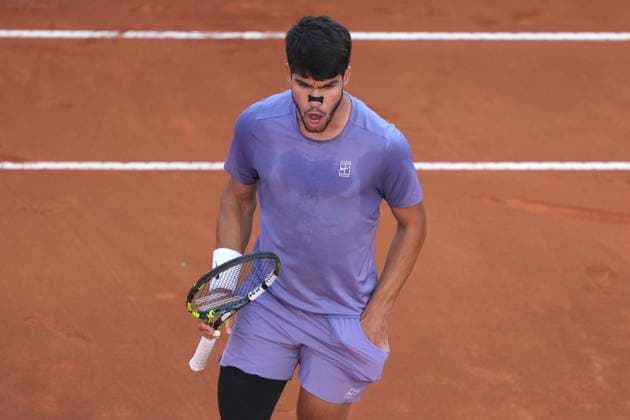 Carlos Alcaraz of Spain reacts during the men final of the Internazionali BNL d Italia 2025 tennis tournament against Jannik Sinner of Italy at Foro Italico in Rome, Italy on May 18, 2025. AntoniettaxBaldassarre