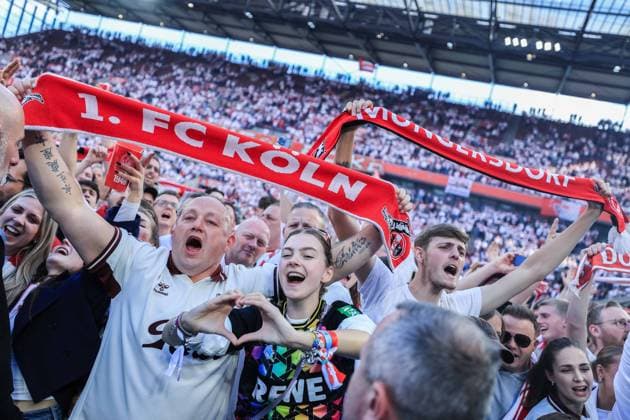 Soccer 2 Bundesliga 34 Matchday 1 FC Köln 1 FC Kaiserslautern on 18 05 2025 at RheinEnergieStadion in Köln Fans of Köln celebrate the promotion and the championship DFL regulations prohibit any use of photographs as image sequences and or quasi video xJRx