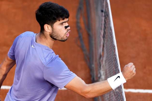Carlos Alcaraz of Spain celebrates during the men final of the Internazionali BNL d Italia 2025 tennis tournament against Jannik Sinner of Italy at Foro Italico in Rome, Italy on May 18, 2025. AntoniettaxBaldassarre