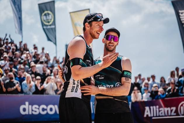 Beach volleyball men Allianz German Beach Tour 2025 Tourstop Düsseldorf 18 05 2025 f l Nils Ehlers and Clemens Wickler Düsseldorf Robert Lehr Ufer North Rhine-Westphalia Germany