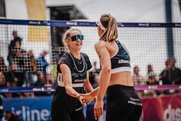 Beach volleyball women Allianz German Beach Tour 2025 Tourstop Düsseldorf 18 05 2025 f l Tabea Schwarz and Sandra Ittlinger Düsseldorf Robert Lehr Ufer North Rhine-Westphalia Germany