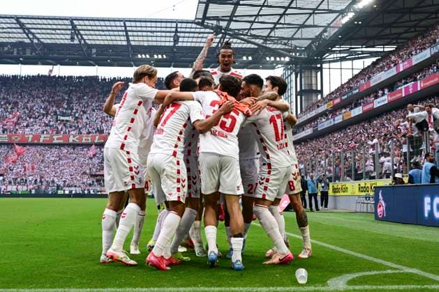 Goal celebration to 4 0 by Mark Uth Koeln 13 , 1 FC Koeln vs 1 FC Kaiserslautern, 2 Bundesliga, 34 Spieltag, 18 05 2025 DFB regulations prohibit any use of photographs as image sequences and or quasi video Koeln Nordrhein Westfalen Germany Copyright: xkolbert-press MarcxNiemeyerx