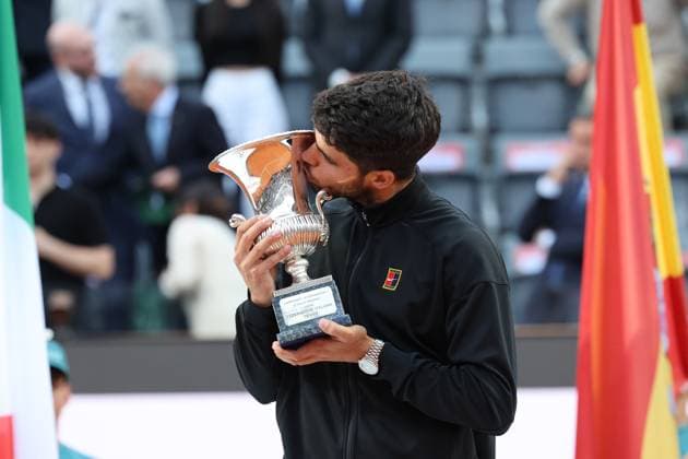 Carlos Alcaraz (ESP) during the men™s final against Jannik Sinner (ITA) of the ATP, Tennis Herren Master 1000 Internazionali BNL d™Italia tournament at Foro Italico on May 18, 2025 (Alfredo Falcone LaPresse)  Copyright: xAlfredoxFalcone LaPressex