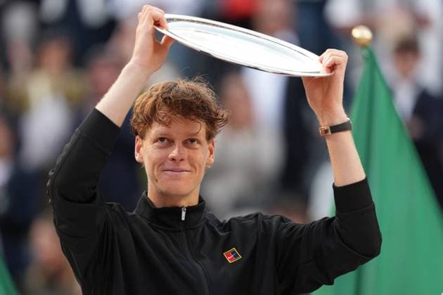 Jannik Sinner of Italy with the trophy of second place during the award ceremony after the men singles final match against Carlos Alcaraz of Spain at the Internazionali BNL d Italia 2025 tennis at Foro Italico in Rome, Italy on may 18, 2025. AntoniettaxBaldassarre