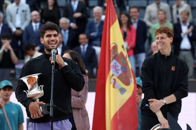 Rome, Italy 18 May 2025: Men s final, men s singles, match Carlos Alcaraz (ESP) wins and celebrates at the end of the match against Jannik Sinner (ITA) during the Internazionali BNL d Italia 2025 ATP, Tennis Herren Masters Men s 1000 circuit in Rome at the Foro Italico.  Copyright: xmarcoxiacobuccix xipa-agency.netx xmarcoxiacobuccix 0819526976st