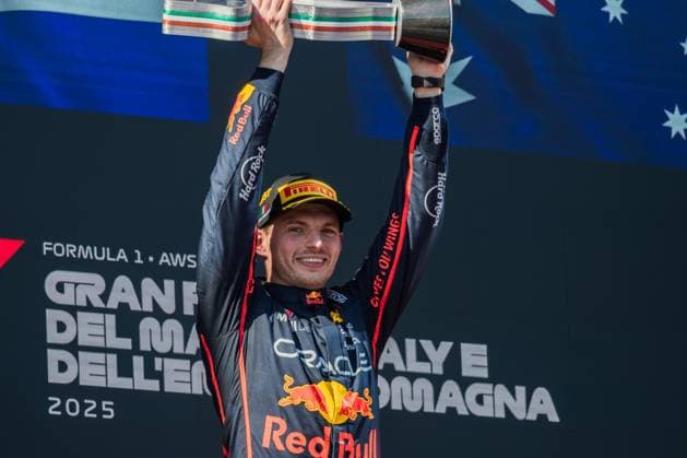 Autodromo Enzo e Dino Ferrari, Imola, Italy.18.May.2025; Max Verstappen of the Netherlands and Oracle Red Bull Racing on the podium during Formula One Emilia Romagna Grand Prix  (291004325)