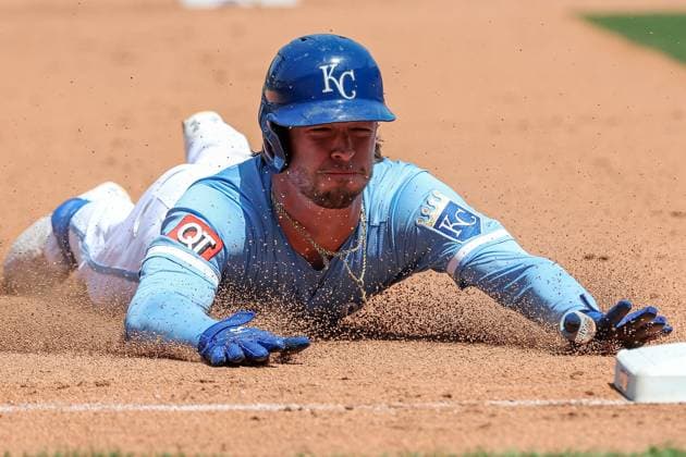 May 18, 2025: Kansas City Royals outfielder Drew Waters (8) slides into third base on his triple during the seventh inning against the St. Louis Cardinals at Kauffman Stadium in Kansas City, MO. CSM Kansas City United States of America - ZUMAc04_ 20250518_zma_c04_024 Copyright: xDavidxSmithx