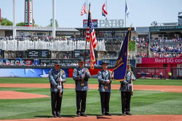 May 18, 2025: The Kansas Highway Patrol Honor Guard presents the colors before a game between the Kansas City Royals and St. Louis Cardinals at Kauffman Stadium in Kansas City, MO. CSM Kansas City United States of America - ZUMAc04_ 20250518_zma_c04_029 Copyright: xDavidxSmithx