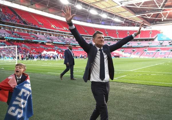 Steve Parish (Crystal Palace co-owner and chairman) celebrates victory at the Emirates FA Cup Final Crystal Palace v Manchester City match at Wembley Stadium, London, UK on 17th May 2025. 