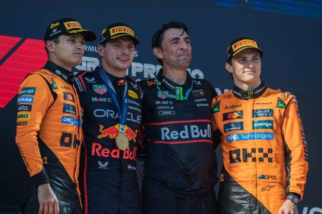 2025 Formula One Emilia Romagna Grand Prix in Imola, Italy - 18 May 2025 Max Verstappen, Lando Norris and Oscar Pastri on the podium during the Formula One Emilia Romagna Grand Prix. Imola Italy Copyright: xJayxHiranox xSOPAxImagesx 2025 F1 Emilia Romagna GP 555276