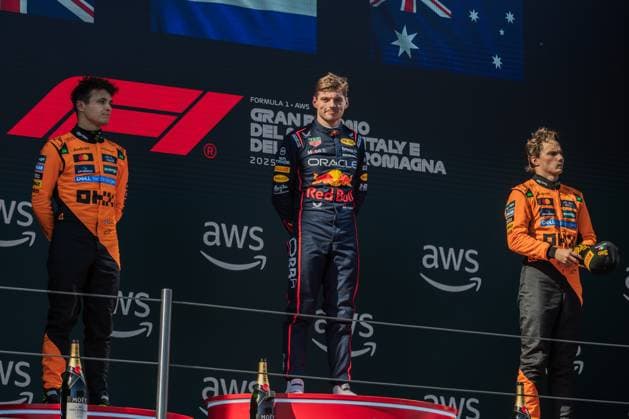 May 18, 2025, Imola, Italy: Max Verstappen, Lando Norris and Oscar Pastri on the podium during the Formula One Emilia Romagna Grand Prix. Imola Italy - ZUMAs197 20250518_aaa_s197_351 Copyright: xJayxHiranox