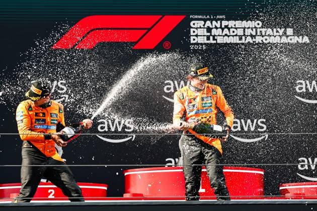 (250519) -- IMOLA, May 19, 2025 -- McLaren s driver Lando Norris (L) of Britain and McLaren s driver Oscar Piastri of Australia celebrate during the awarding ceremony after the Formula One Emilia Romagna Grand Prix at the Autodromo Internazionale Enzo e Dino Ferrari race track in Imola, Italy, May 18, 2025. (Photo by Xinhua) (SP)ITALY-IMOLA-AUTO-F1 GRAND PRIX QianxJun 