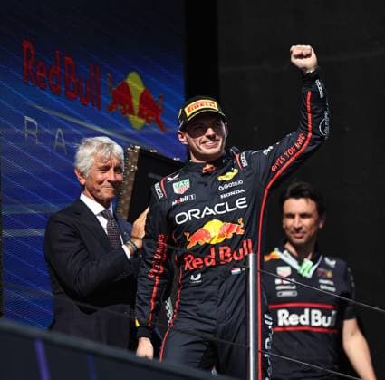 (250519) -- IMOLA, May 19, 2025 -- Red Bull Racing s driver Max Verstappen of the Netherlands celebrates during the awarding cermeony after winning the Formula One Emilia Romagna Grand Prix at the Autodromo Internazionale Enzo e Dino Ferrari race track in Imola, Italy, May 18, 2025. ) (SP)ITALY-IMOLA-AUTO-F1 GRAND PRIX LixJing 