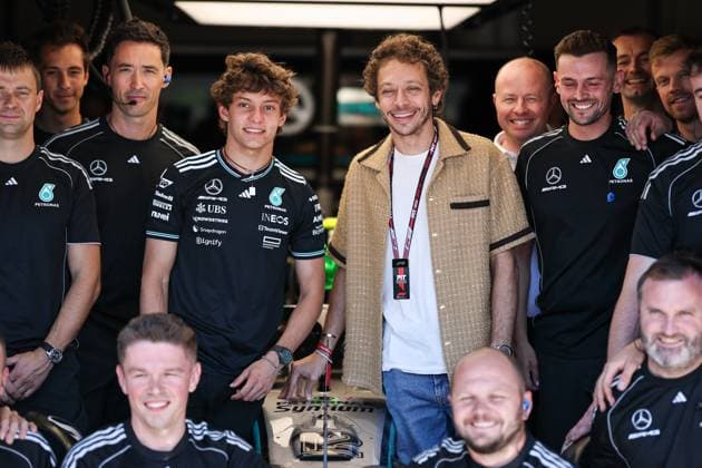 (250519) -- IMOLA, May 19, 2025 -- Mercedes driver Kimi Antonelli of Italy (4th L) poses with Italian former motorcycle racer Valentino Rossi (5th L) before the Formula One Emilia Romagna Grand Prix at the Autodromo Internazionale Enzo e Dino Ferrari race track in Imola, Italy, May 18, 2025. (Photo by Xinhua) (SP)ITALY-IMOLA-AUTO-F1 GRAND PRIX QianxJun 
