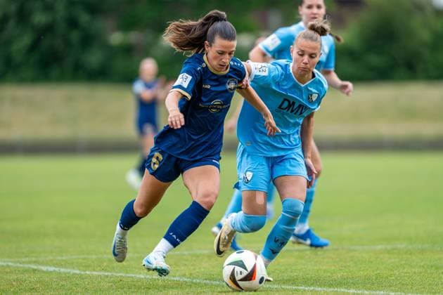 18 05 2025, Soccer, 2 Womens Bundesliga, 2024 2025, Matchday 26, SG 99 Andernach VfL Bochum Lisa Kossmann 6 Andernach and Franziska Wenzel 31 Bochum in duel Andernach Stadion Rheinland Pfalz Germany