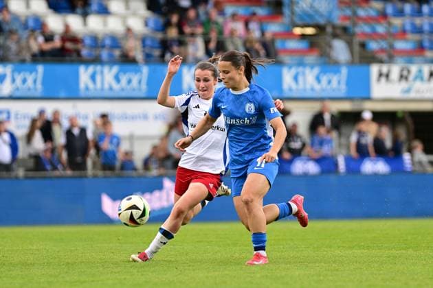 Soccer I Women I Season 2024 2025 I 2 Bundesliga I 26 Matchday I SV Meppen Hamburger SV I 18 05 2025 Pauline Machtens 28, Hamburger SV Sarah Preuss 11, SV Meppen 1912 e V Meppen Hänsch Arena Niedersachsen Germany Copyright: xLobeca FelixxSchlikisx