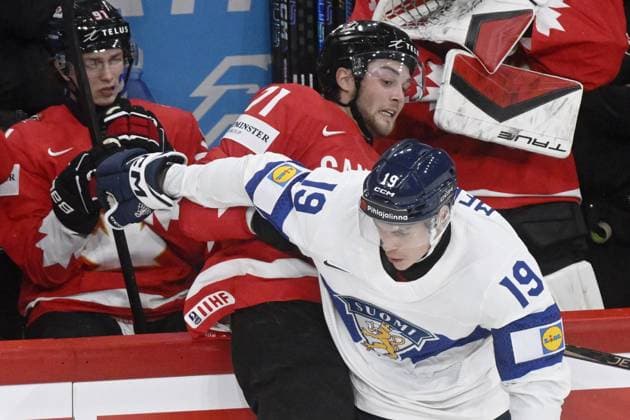 Waltteri Merelä (R) of Finland vies with Tyson Foerster of Canada in front of Canadian goalkeeper Marc-Andre Fleury during the 2025 IIHF Ice hockey, Eishockey World Championships preliminary round group A match between Canada and Finland in Stockholm on May 19, 2025. Stockholm Sweden LKFTJK20250519221535MMKK  Copyright: xVesaxMoilanenx LKFTJK20250519221535MMKK