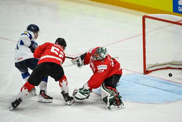 STOCKHOLM, SWEDEN 20250519 Finland s Patrik Puistola L scores 1 1 at Canada s goalkeeper Marc Andre Fleury past Canada s Mackenzie Weegar during the IIHF Ice Hockey World Championship group A match between Canada and Finland at Avicii Arena in Stockholm, Sweden, on May 19, 2025 STOCKHOLM SWEDEN x10080x  Copyright: xFredrikxSandberg TTx ICE HOCKEY WC CANADA-FINLAND