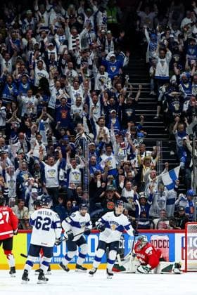 Ice hockey, Eishockey - IIHF WC 2025 STOCKHOLM,SWEDEN,19.MAY.25 - ICE HOCKEY - IIHF Ice Hockey World Championship, WM, Weltmeisterschaft 2025, group stage, Canada vs Finland. Image shows the rejoicing of Patrik Puistola (FIN).  GEPAxpictures xMaticxKlansek
