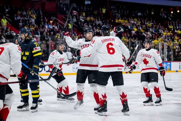 250520 Nathan MacKinnon and Travis Sanheim of Canada celebrate after 0 1 during the 2025 IIHF Ice Hockey World Championship group stage game between Sweden and Canada on May 20, 2025 in Stockholm Photo Joel Marklund BILDBYRAN kod JM JM0689 ishockey ice hockey ishockey vm 2025 vm 2025 iihf world championship sverige sweden kanada canada bbeng gruppspel jubel depp  Copyright: JOELxMARKLUND BB250520JM008