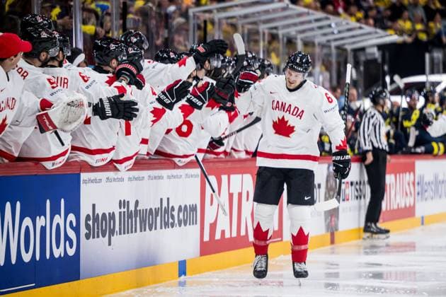 250520 Travis Sanheim of Canada celebrates after 0 1 during the 2025 IIHF Ice Hockey World Championship group stage game between Sweden and Canada on May 20, 2025 in Stockholm Photo Maxim Thore BILDBYRAN kod MT JM0689 ishockey ice hockey ishockey vm 2025 vm 2025 iihf world championship sverige sweden kanada canada bbeng gruppspel bbauto jubel  Copyright: MAXIMxTHORE BB250520MT057
