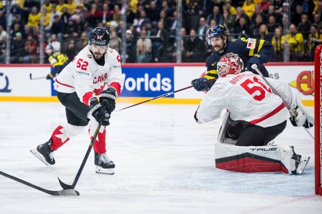 250520 MacKenzie Weegar of Canada, Filip Forsberg of Sweden and goaltender Jordan Binnington of Canada during the 2025 IIHF Ice Hockey World Championship group stage game between Sweden and Canada on May 20, 2025 in Stockholm Photo Maxim Thore BILDBYRAN kod MT JM0689 ishockey ice hockey ishockey vm 2025 vm 2025 iihf world championship sverige sweden kanada canada bbeng gruppspel bbauto  Copyright: MAXIMxTHORE BB250520MT058
