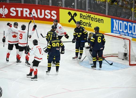 STOCKHOLM, SWEDEN 20250520 Canadas Travis Sanheim L celebrates his goal 0 1 with team mates during the IIHF Ice Hockey World Championship group A match between Sweden and Canada at Avicii Arena in Stockholm, Sweden, on May 20, 2025 STOCKHOLM SWEDEN x10080x  Copyright: xFredrikxSandberg TTx ICE HOCKEY WC SWEDEN-CANADA