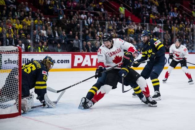250520 Tyson Foerster of Canada scores 1 2 behind goaltender Jacob Markström, Marcus Pettersson and Rasmus Andersson of Sweden during the 2025 IIHF Ice Hockey World Championship group stage game between Sweden and Canada on May 20, 2025 in Stockholm Photo Joel Marklund BILDBYRAN kod JM JM0689 ishockey ice hockey ishockey vm 2025 vm 2025 iihf world championship sverige sweden kanada canada bbeng gruppspel  Copyright: JOELxMARKLUND BB250520JM014