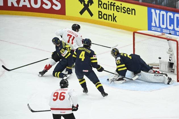 STOCKHOLM, SWEDEN 20250520 Canada s Tyson Foerster scores 1 2 behind Sweden s Jacob Markström during the IIHF Ice Hockey World Championship group A match between Sweden and Canada at Avicii Arena in Stockholm, Sweden, on May 20, 2025 STOCKHOLM SWEDEN x10080x  Copyright: xFredrikxSandberg TTx ICE HOCKEY WC SWEDEN-CANADA